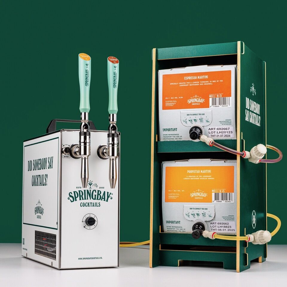 Springbay bag-in-box dock with 2-tap next to a display of bag-in-box cocktails