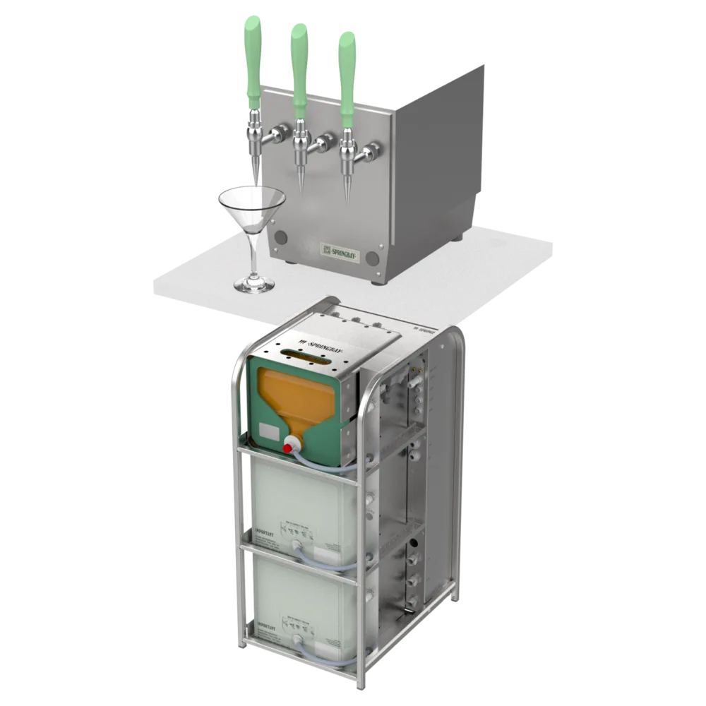 Render of the complete Springbay Cove with 3-tap tower, cocktail glass and the dock holding the bag-in-box units