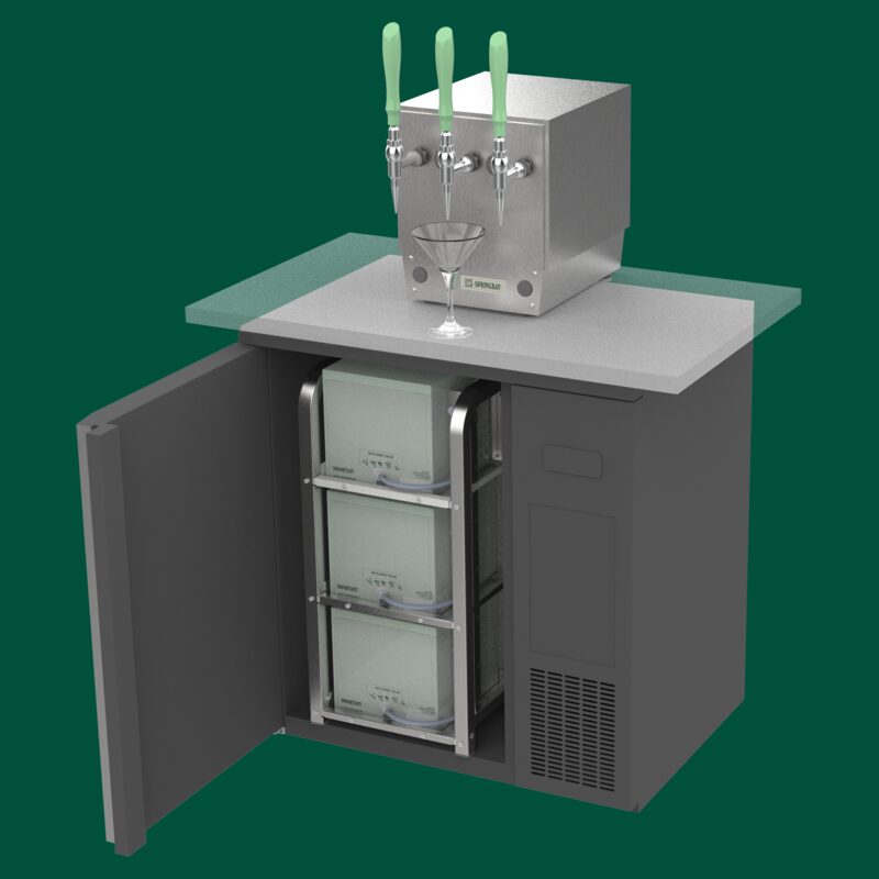 Render of the Springbay Cove sliding under an existing bar, cabinet door open to show the bag-in-box units