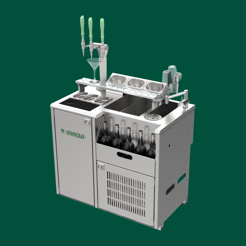 Angled render of the Springbay Harbor with ice well, garnish trays and bottles within arm's reach