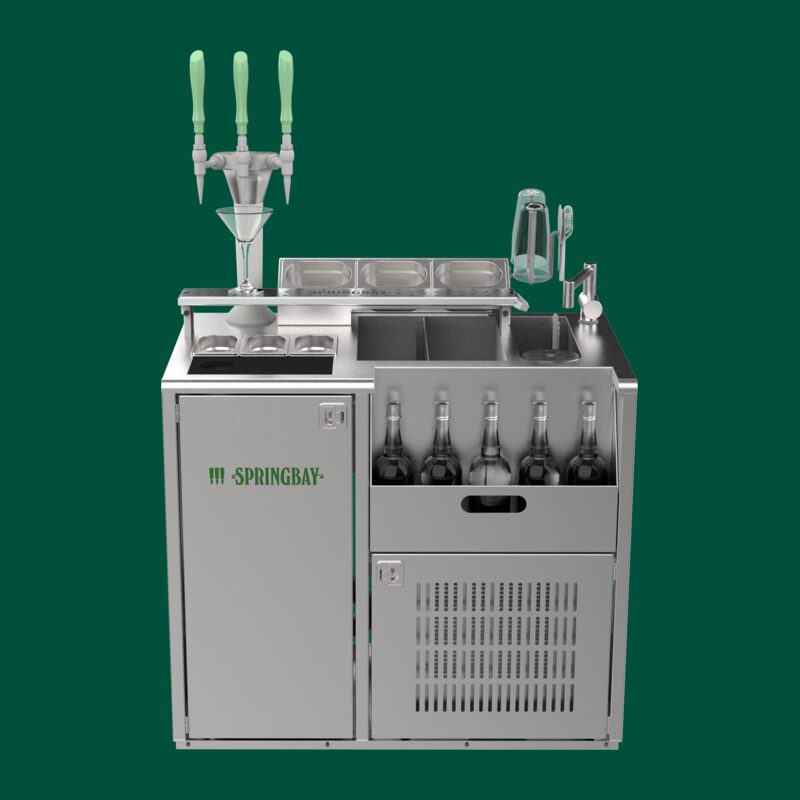 Front render of the Springbay Harbor cocktail workstation: 3-tap tower, sink, garnish trays and bottle rail in one metre