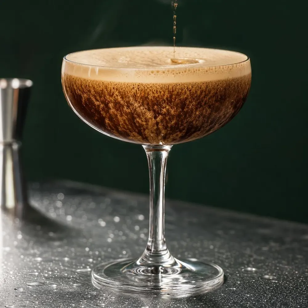 Frisch gezapfter Nitro-Cocktail im Coupette-Glas mit einer Kaskade winziger Bläschen und cremiger Schaumkrone